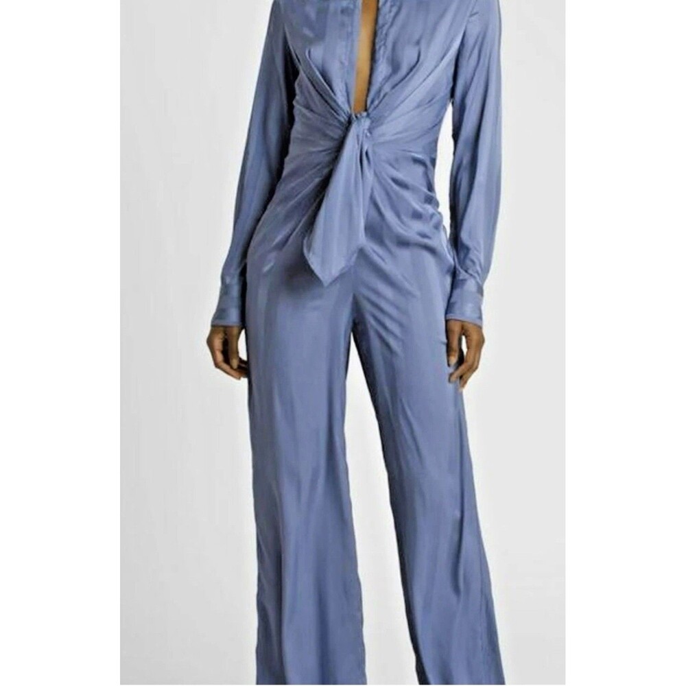 NWT Choosy Lafayette Blue Striped Satin Long Sleeve Jumpsuit Deep V-neck size 6